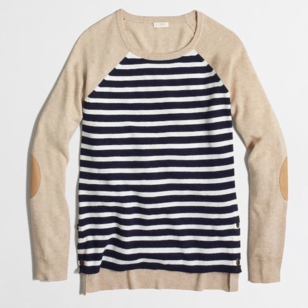 .Crew Factory Tan Sweater Side Buttons Elbow Patch Women’s L